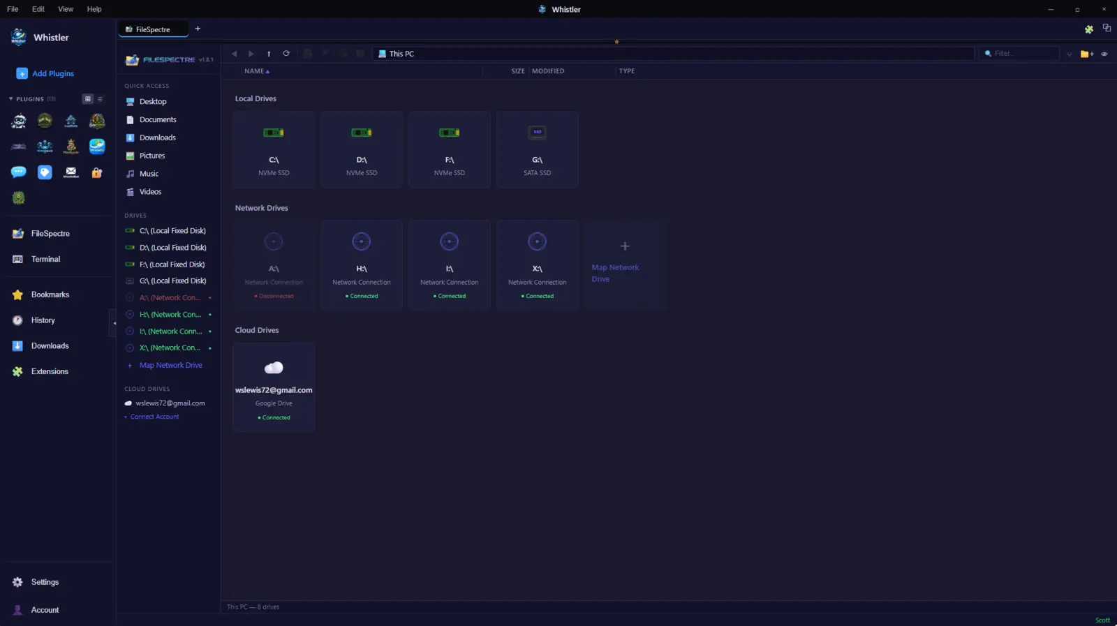 FileSpectre showing local NVMe drives, network drives, and a connected Google Drive in one view