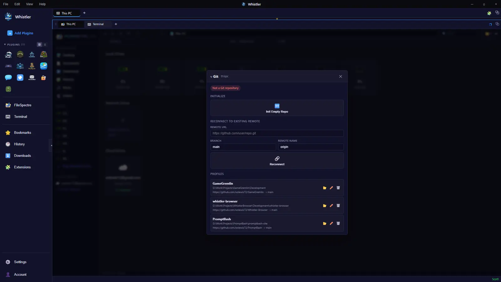 Git panel with repository init, remote reconnect, and saved per-project profiles