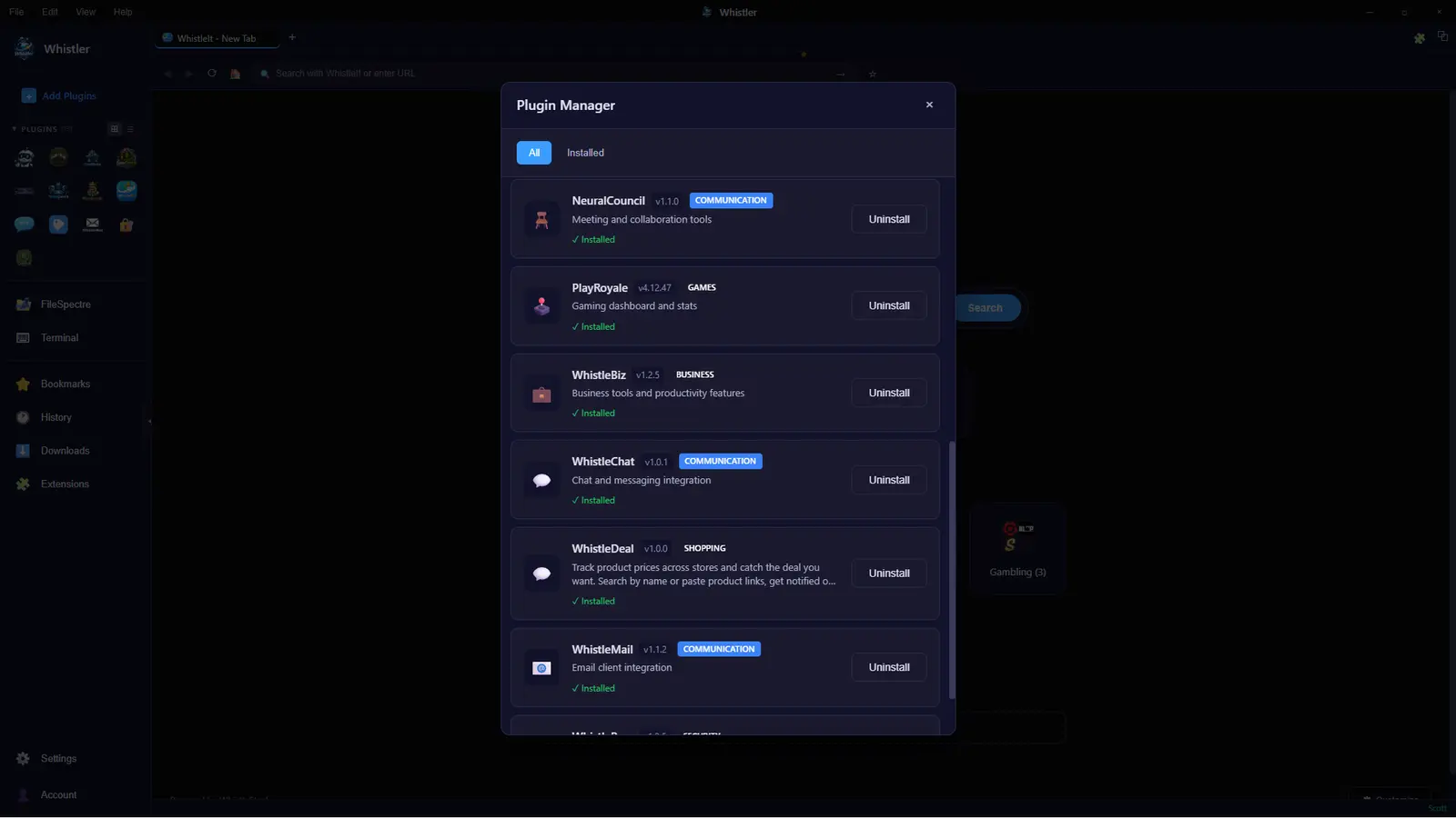 Plugin Manager listing NeuralCouncil, PlayRoyale, WhistleBiz, WhistleChat, WhistleDeal, and WhistleMail