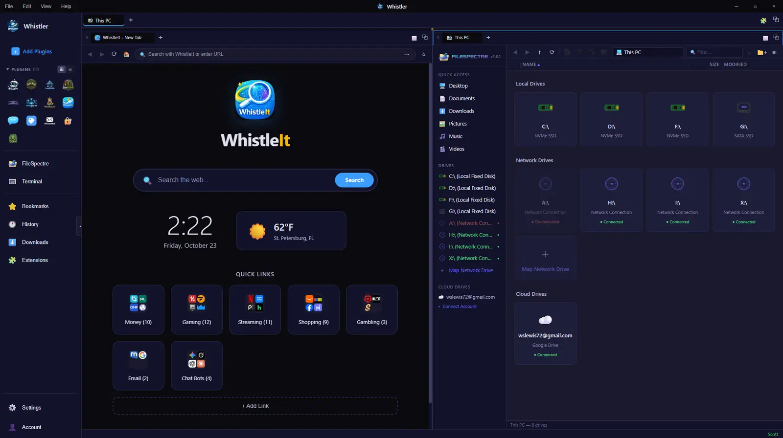 Split view with a WhistleIt page on the left and FileSpectre on the right in one window