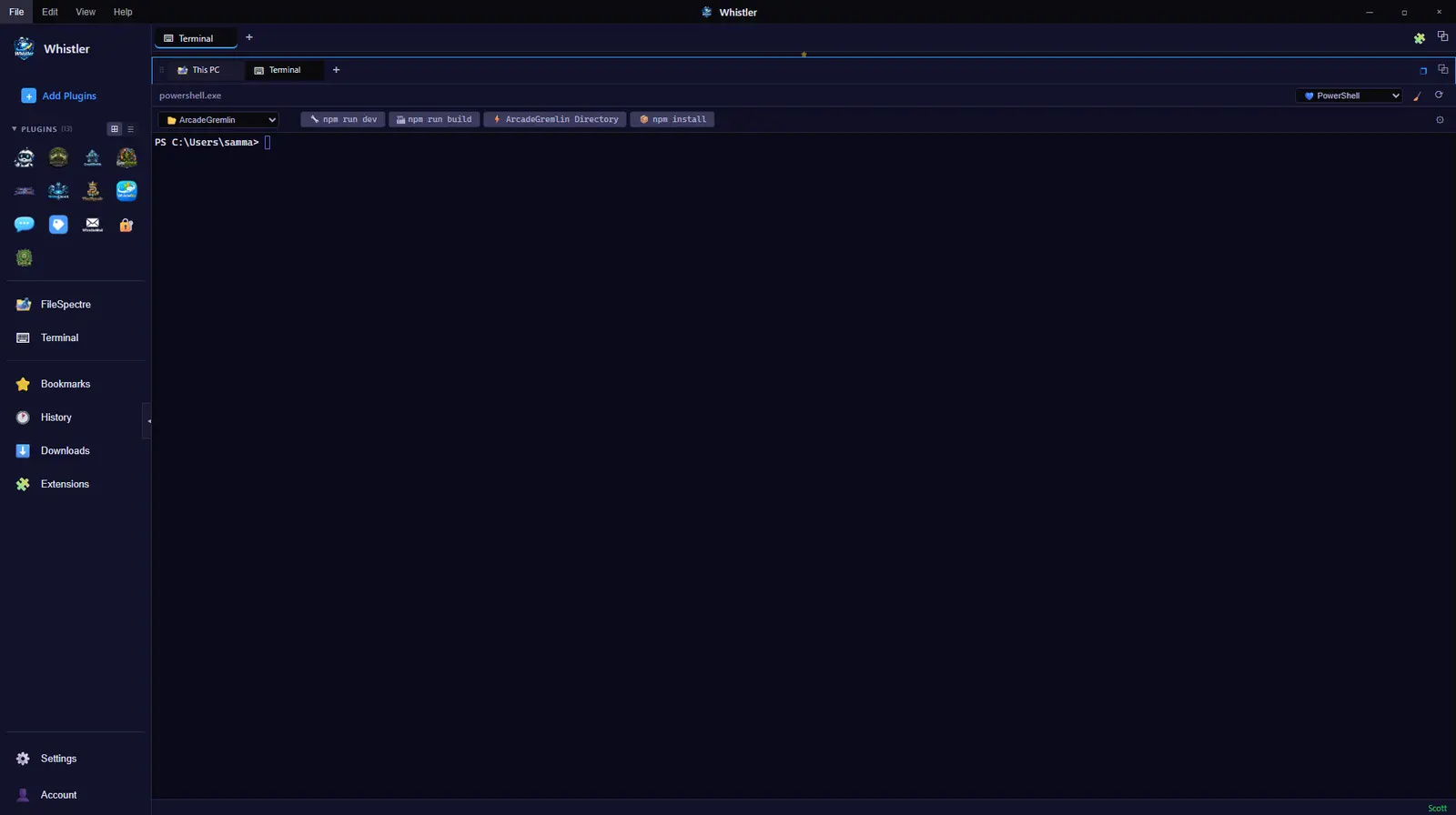 Whistler's built-in terminal running PowerShell with per-project quick command buttons