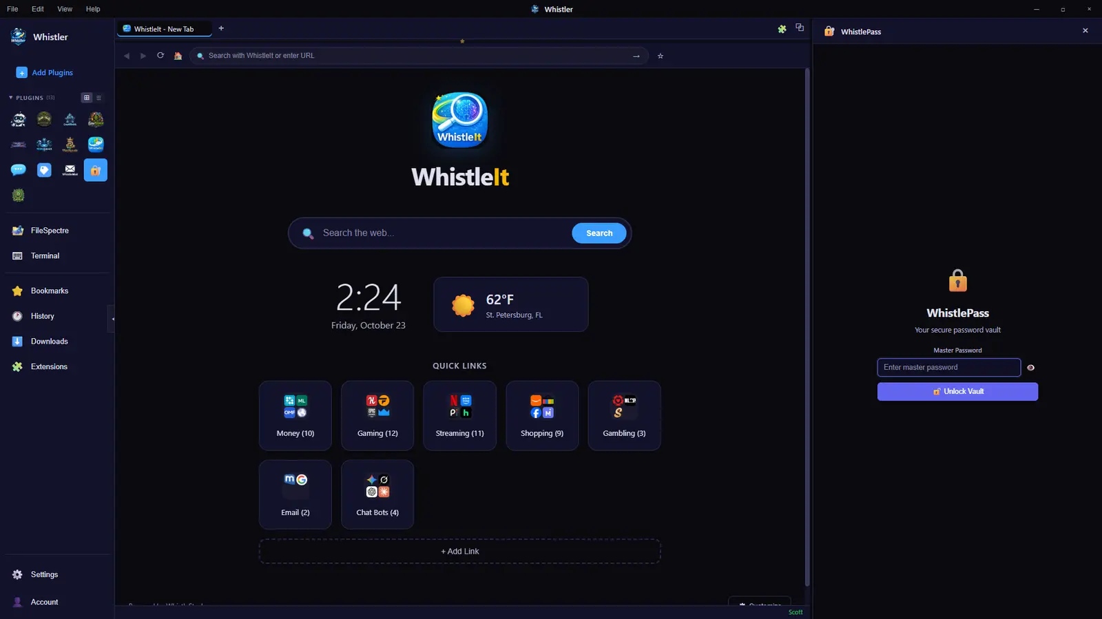 WhistlePass password vault panel with master password unlock